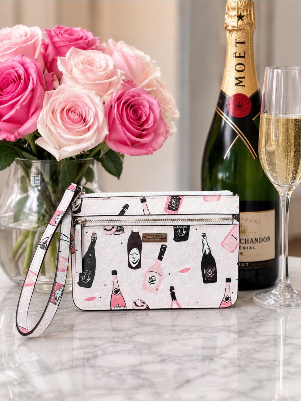 kate spade Pink, Black & White Champagne Bottle Wristlet